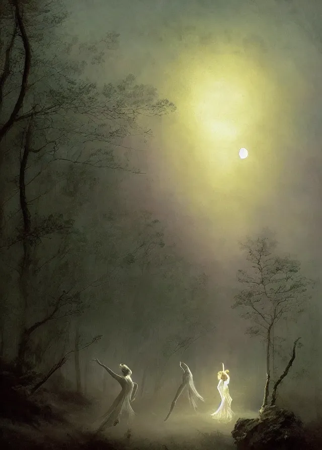 Image similar to dancers in white lit only by the moon, contemporary dance on the forest floor, the twilight dance of the fae by aleksi briclot, and ivan aivazovsky, contemporary dance, watercolor, surrealist, artstation, artgerm