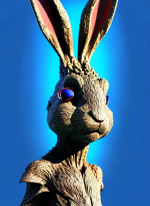 Prompt: rabbit groot as marble statue with sunglasses, blue sunglasses, in red background, soft blue texture, blue realistic 3 d render, high blue lights, 4 k, high detailed photography blue cape, 5 0 mm lens, rich blue colors, smooth gradients, depth of field, cinematic, hyper realism, high detail, octane render, unreal engine, 8 k very red colors