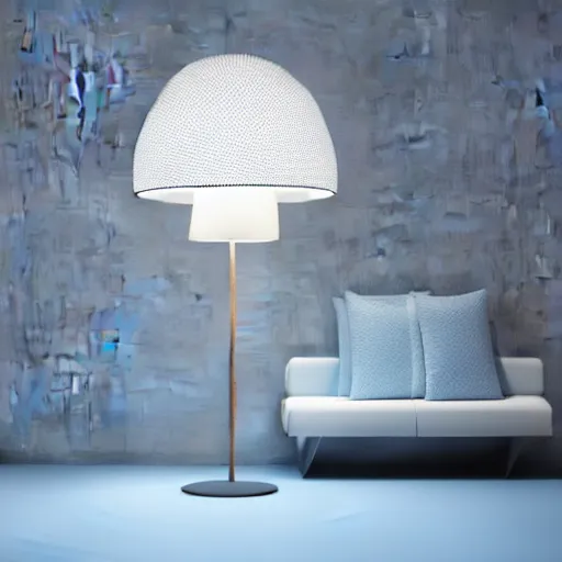 Image similar to a large blue florescent light lamp, inspired by a woman body, placed in a living room, home design magazine HD photo super realistic 3d 8k resolution