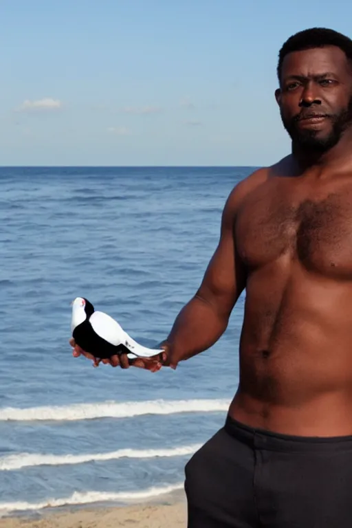 Image similar to a full - height photo of a black masculine man standing near an ocean, holding a white pigeon