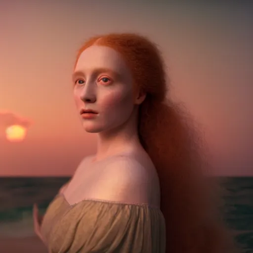 Image similar to photographic portrait of a stunningly beautiful english renaissance female in soft dreamy light at sunset, beside the sea, soft focus, contemporary fashion shoot, in a tim burton movie, by edward robert hughes, annie leibovitz and steve mccurry, david lazar, jimmy nelsson, extremely detailed, breathtaking, hyperrealistic, perfect face, octane render