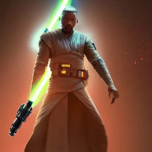 Image similar to will smith as a jedi, starwars, hyper detailed, digital art, trending in artstation, cinematic lighting, studio quality, smooth render, unreal engine 5 rendered, octane rendered