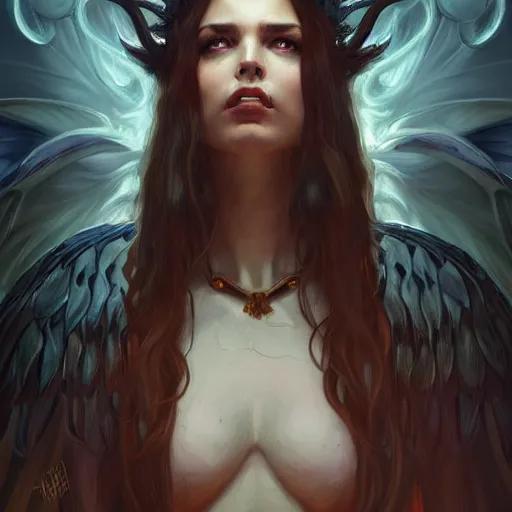 Image similar to a great lucifer, great wings, demon horn, fire on head, long dark hair, intricate, elegant, highly detailed, digital painting, artstation, concept art, smooth, sharp focus, illustration, art by artgerm and greg rutkowski and alphonse mucha