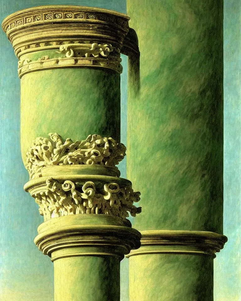 Image similar to achingly beautiful painting of intricate ancient roman corinthian capital on jade background by rene magritte, monet, and turner. giovanni battista piranesi.