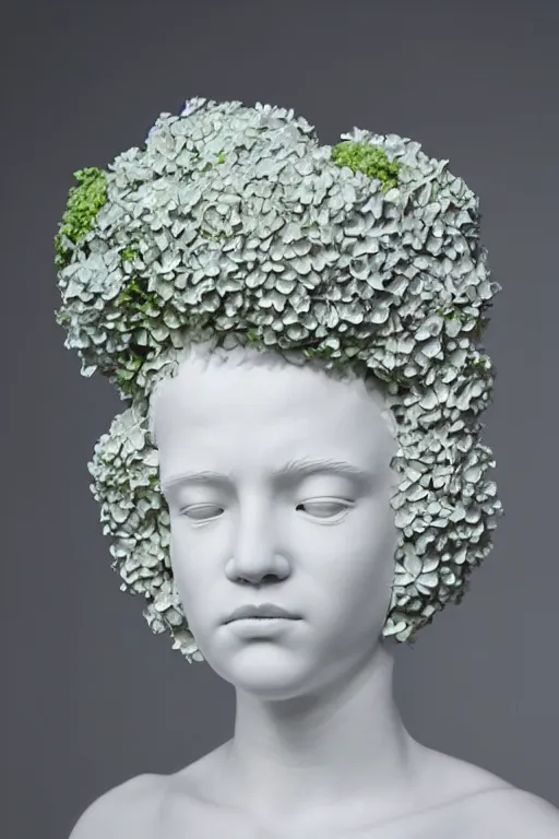 Image similar to full head and shoulders, beautiful female porcelain sculpture by daniel arsham and james jean, smooth, all white features on a white background, delicate facial features, white eyes, white lashes, detailed white 3 d giant hydrangeas, poppies, lilacs on the head