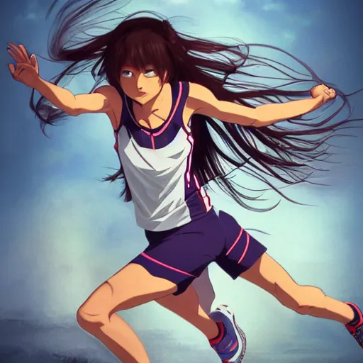 Prompt: a girl is running, sport clothing, anime style, long hair, hair down, symmetrical facial features, from yowamushi pedal, highly detailed, rule of thirds, extreme detail, detailed drawing, trending artstation, realistic lighting, by alphonse mucha, greg rutkowski, sharp focus, backlit, high budget show, realistic anatomy