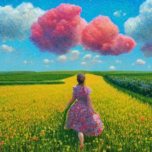 Image similar to giant red carnation head, full body, girl walking in the middle of a field with flowers, surreal photography, hills, sunrise dramatic light, impressionist painting, colorful clouds, digital painting, pointillism, artstation, simon stalenhag