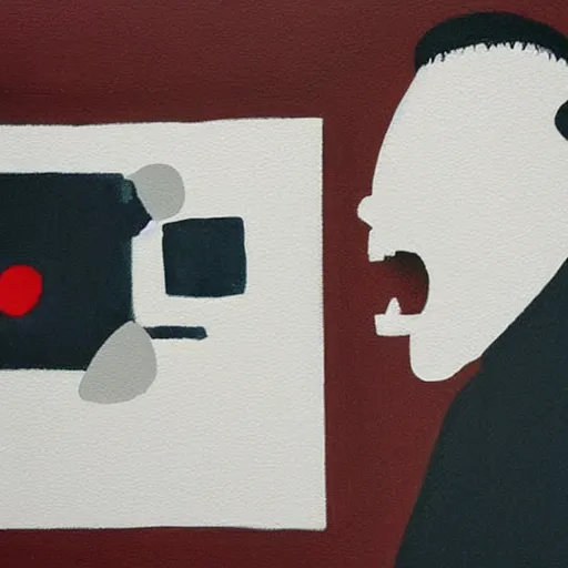 Prompt: minimalist painting of a man screaming at a computer,