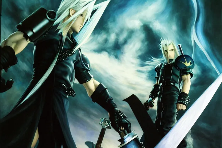 Prompt: final fantasy vii sephiroth, final fantasy vii : advent children sephiroth, sephiroth final fantasy, ( netease ), night, brilliant colors and hard shadows and strong rim light, colorful, night sky, cool white color temperature, blue hue, cool tones, painting by gaston bussiere, craig mullins, j. c. leyendecker