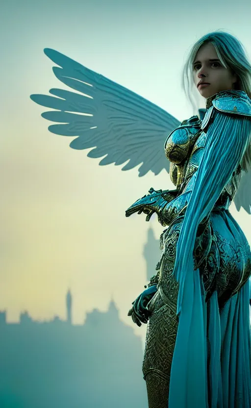 Prompt: angel, big wings, low key light, full plate armor with cloth, f 2. 8, bokeh, medium portrait, gentle, female, ornate city ruins, landscape, d & d, fantasy, intricate, elegant, highly detailed, teal white gold color palette, roger deakins, sharp focus, greg rutkowski and alphonse mucha