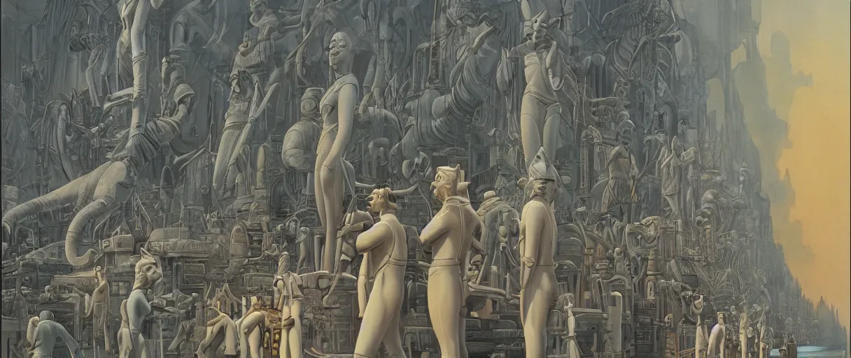 Prompt: a beautiful painting of a canal lined with massive statues of anthropomorphic Feline Gods by Ralph McQuarrie | graphic novel, illustration:.4