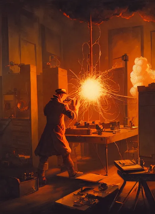 Image similar to scientist performing a explosive experiment by otto dix and greg rutkowski and andreas rocha, cinematic lighting, highly detailed, warm colours, 8 k