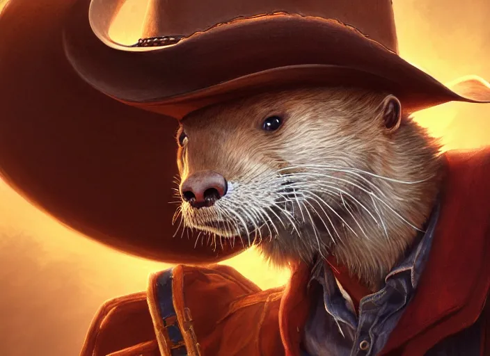 Image similar to character portrait feature of the anthro male anthropomorphic otter fursona wearing cowboy outfit wild west desperado character design stylized by charlie bowater, ross tran, artgerm, makoto shinkai, detailed, soft lighting, rendered in octane