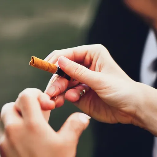 Prompt: Close-up of elegant hand holding cigarette, realistic photo