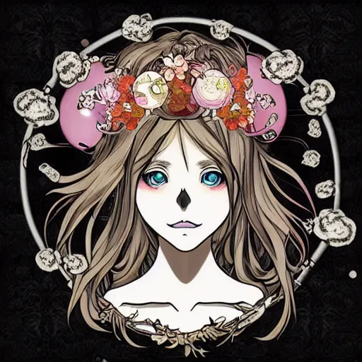 Prompt: anime manga skull portrait young woman hair floral crown balloons clouds fairytale comic skeleton illustration style by Alphonse Mucha warhol pop art nouveau