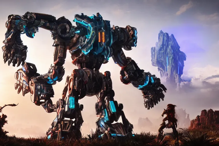 Image similar to thunderjaw machine mecha animal beast robot of horizon forbidden west horizon zero dawn bioluminiscence global illumination ray tracing hdr fanart arstation by sung choi and eric pfeiffer and gabriel garza and casper konefal