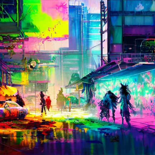 Image similar to acrylic painting, impressionism and expressionism, strong emotional impact, bold pastel colors, expressive brushstrokes, overall sense of movement in the composition. tie - dye hippie bohemian encampment with a garden. cyberpunk art by liam wong, cgsociety, panfuturism, cityscape, utopian art, anime aesthetic