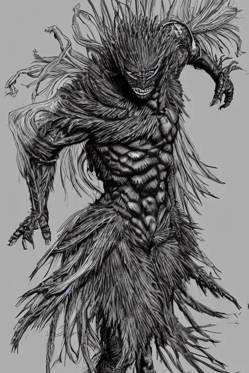 Prompt: raven monster, human figure, highly detailed, digital art, sharp focus, trending on art station, kentaro miura manga art style