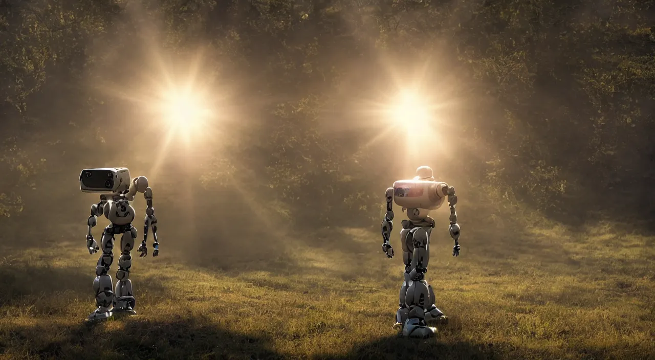 Prompt: a robot in a movie, cinematic shot, sun beams