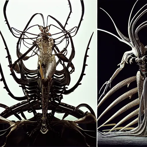 Image similar to still frame from Prometheus movie by Makoto Aida, flying biomechanical angel gynoid by giger, mimicking devil's dragon flower mantis, metal couture by neri oxmn and Guo pei, editorial by Malczewski and by Caravaggio