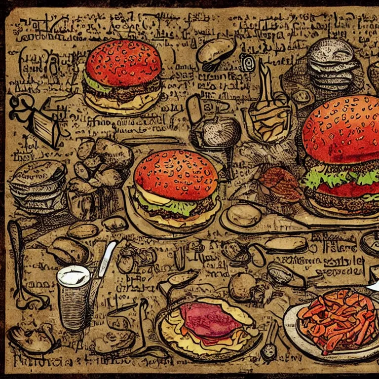 Prompt: middle age illustrated recipe for hamburger ( ( ( ( a bigmac hamburger ) ) ) ) lot of medieval enluminures in the background, explaining the recipe, schematic in a notebook