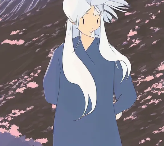 Image similar to beautiful silver hair young woman walking up Mount Fuji in the style of studio ghibli and manga