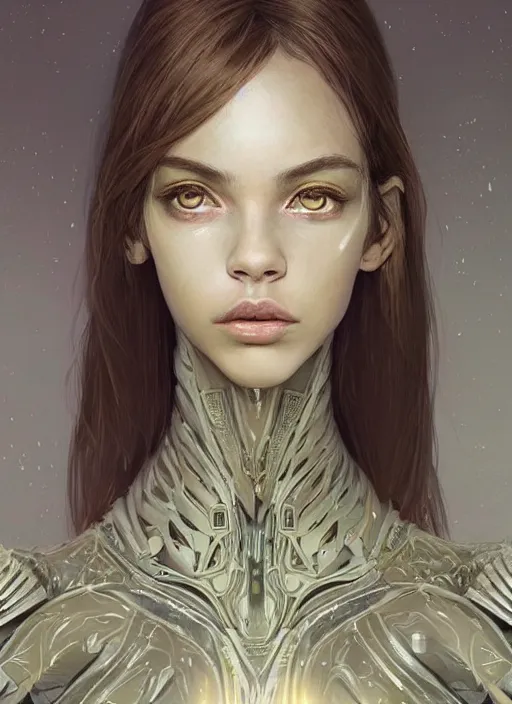 Image similar to a professional painting of a beautiful young female alien, clothed in ethereal armor, olive skin, long dark hair, beautiful bone structure, symmetrical facial features, intricate, elegant, digital painting, concept art, smooth, sharp focus, illustration, from Valerian and the City of a Thousand Planets, by Ruan Jia and Mandy Jurgens and Artgerm and William-Adolphe Bouguerea