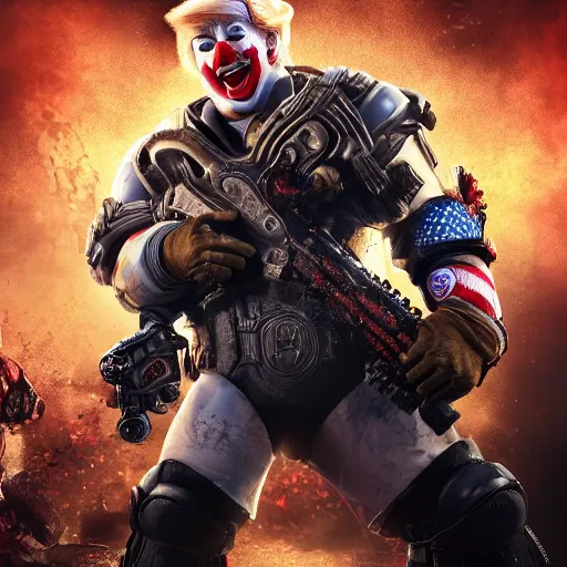 Image similar to donald trump as a clown! in gears of war, splash art, movie still, cinematic lighting, ray tracing, detailed clown face!, octane render, long lens, shallow depth of field, bokeh, anamorphic lens flare, 8 k, hyper detailed, 3 5 mm film grain