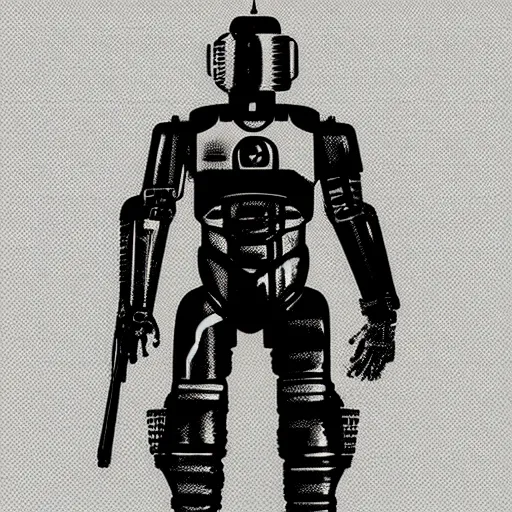 Prompt: RoboCop silkscreen poster by Andy Warho. Duotone silver and black on white paper. Paper texture