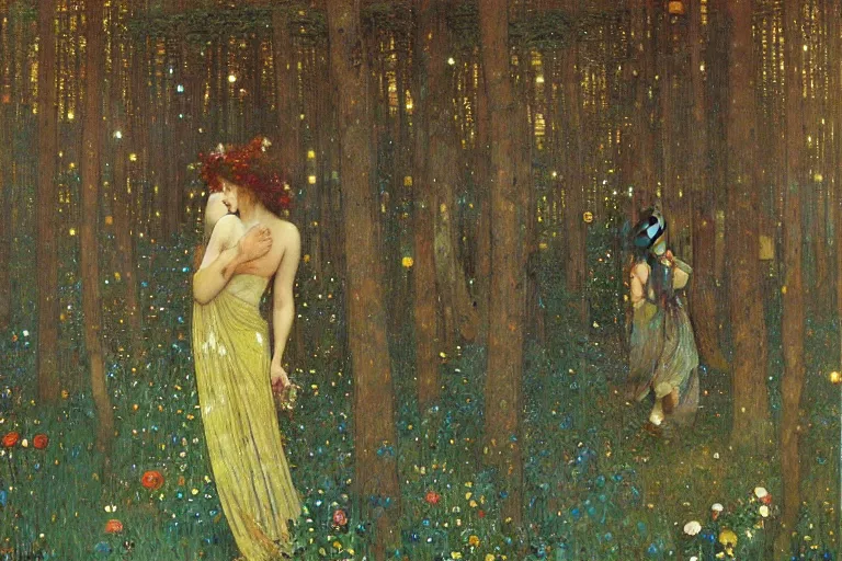 Image similar to dance of fairies in a forest at night, glowing, painting, muted colors, magical, by klimt, by alphonse mucha, by john william waterhouse