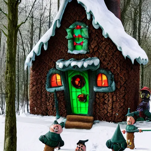 Image similar to a swat team stacked up outside the wicked witch's gingerbread candy cottage front door, ready to bust it down, in the middle of some creepy woods, the wicked witch looks on from the attic window,