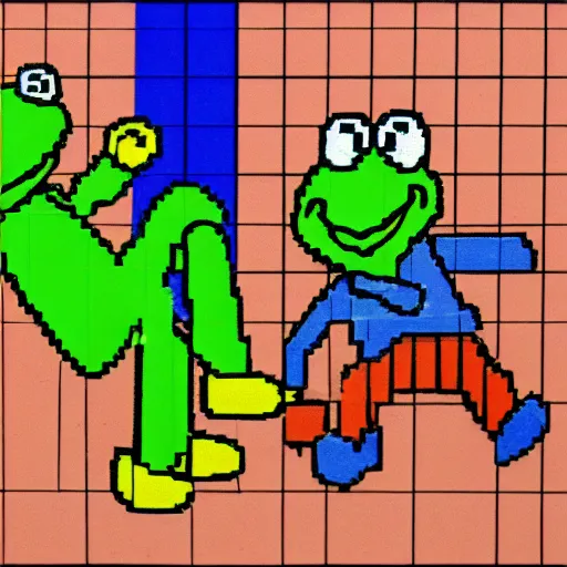 Prompt: 1 6 bit, pixel art, kermit the frog fighting a clown on the sidewalk, a clown is beat up on the floor by big kermit