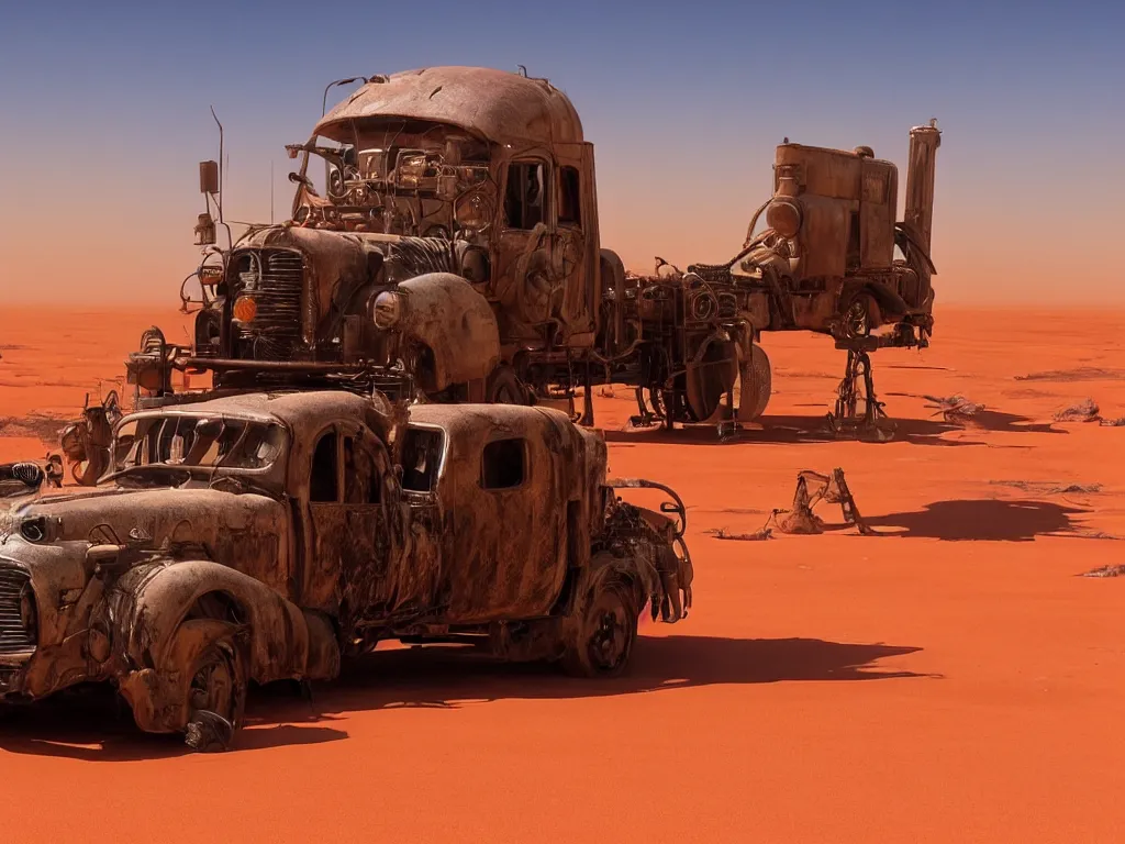 Image similar to steampunk truck in the australian desert, mad max, red sand, clear blue skies, sun rays, heat haze, blistering heat, uhd movie still, two point perspective, hills on the horizon, goanna, parched, cracked earth, post - apocalyptic