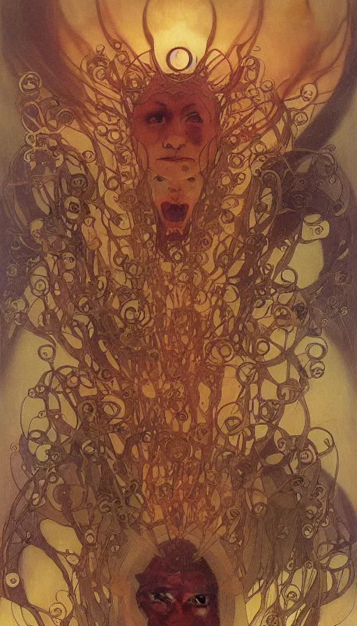 Image similar to a storm vortex made of many demonic eyes and teeth, by alfons maria mucha