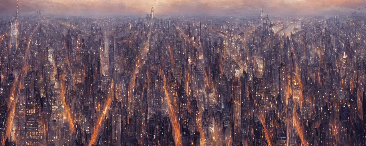 Image similar to stunning photo of all of manhattan. aerial. cinematic lighting. art by greg rutkowski and william o'connor