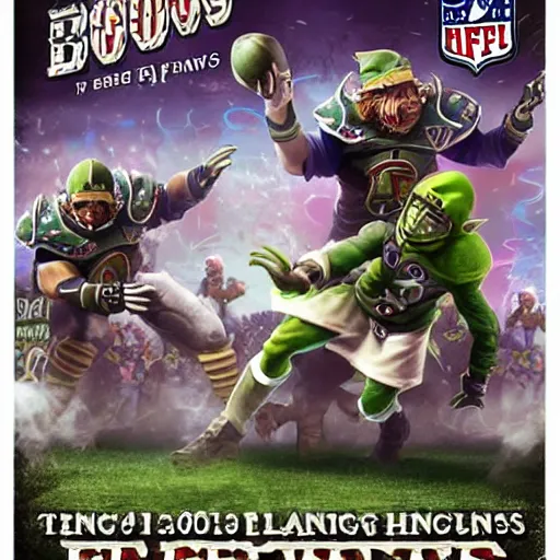 Image similar to blood bowl game finals poster, elves versus humans, nfl style, high quality