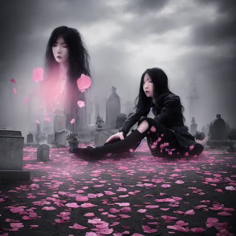 Prompt: cloudy cemetary with pink petals on the floor, goth woman sitting down, intricate details, complementary lighting, detailed face, backlighting, octane render, raytraced, depth of field, beautiful face, extremely detailed, trending in artstation, focus on face, sharp focus, radiant light, beautiful composition, yihao ren, zochi, zero - hour, jean paul fiction