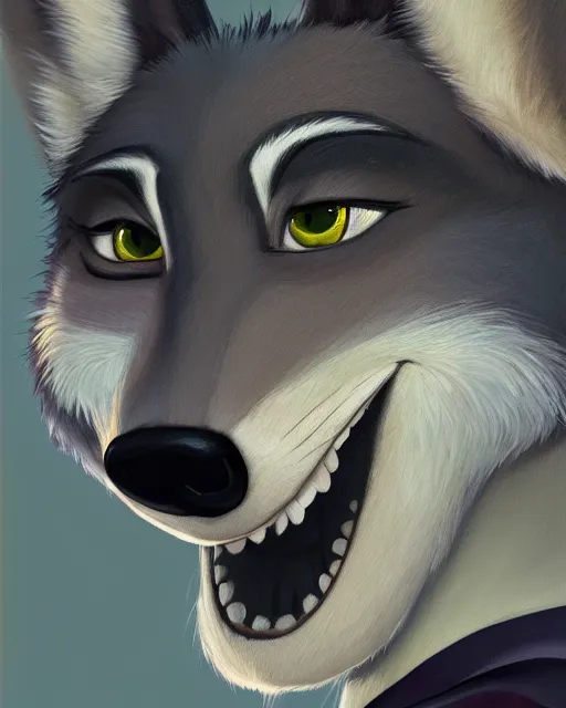 Image similar to oil painting of anthromorphic female wolf, in style of zootopia, female fursona, furry, furaffinity, 4 k, deviantart, furry art, fursona art, wearing black business suit, business suit, wolf fursona, female, very expressive detailed feminine face,