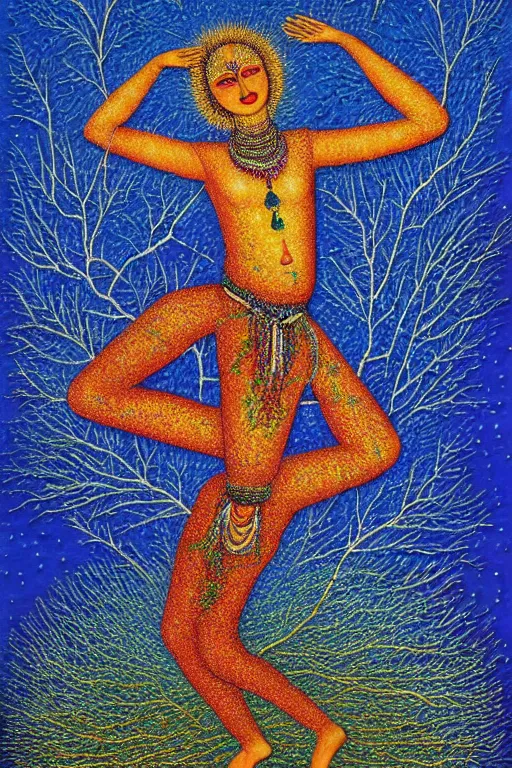 Image similar to ivan marchuk style nataraja dancing in a winter birch grove and raising snow clouds during a solar eclipse, visionary art style