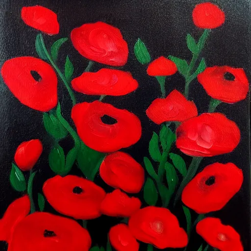 Prompt: oil painting of various red flowers painted on a black background