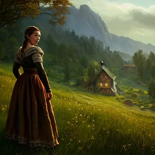 Image similar to the elder scrolls vi, small farmhouse, village girl in dirndl, mountainous sloping meadow and slightly forested background, atmospheric lighting, painted, intricate, volumetric lighting, beautiful, rich deep colors masterpiece, sharp focus, ultra detailed by leesha hannigan, ross tran, thierry doizon, kai carpenter, ignacio fernandez rios