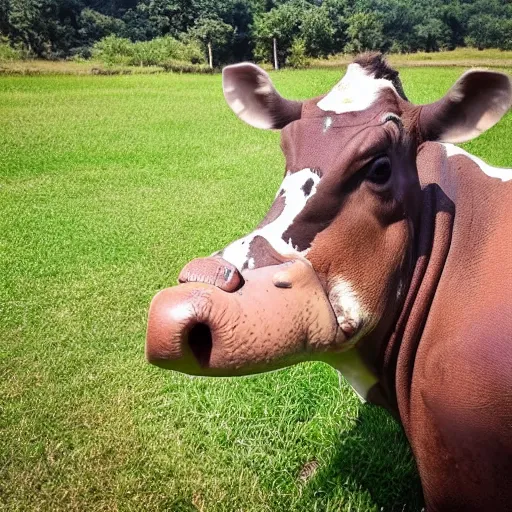 Image similar to selfie stick photo of a cow and it's hippopotamus best friend