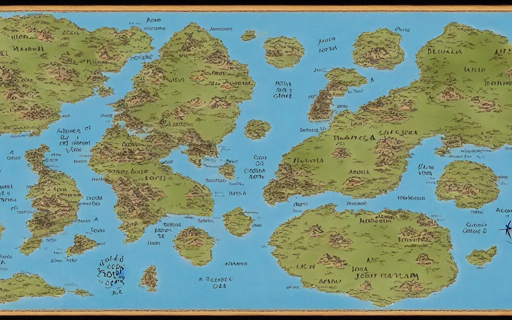 Image similar to a world map for a new fantasy land, topographical view with forests, lakes, oceans, seas, mountains, and other terrains