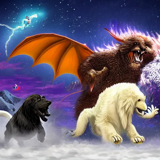 Image similar to fantasy art ultra detailed photo of a yeti and great pyrenees dog fighting a dragon in a blizard