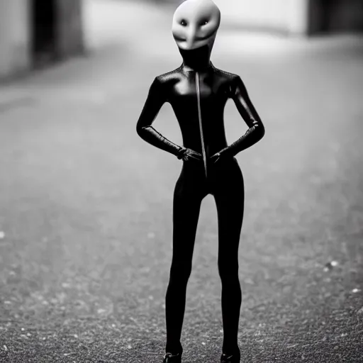 Image similar to fashion photography of a genderless deformed alien model, wearing a black catsuit, full body, photo 3 5 mm leica, hyperdetail, berghain, 8 k, very detailed, black and white