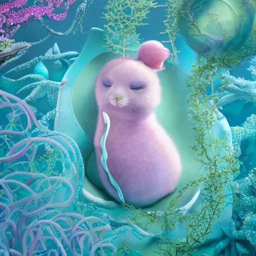 Image similar to Prince in pastel!!!!, **whimsical acrylic modern pop surrealism,** A seal sleeping peacefully in a kelp forest, **cinematic, hyper realistic, detailed, 8k, octane render**.