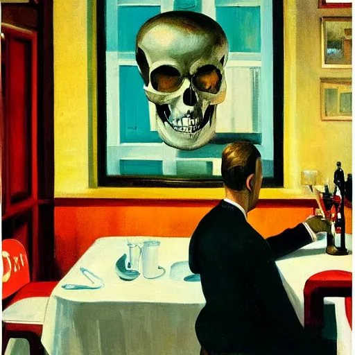 Image similar to a 1 9 5 0 ad for a diner with a portrait painting of a man with a skull as his head is sitting alone on a table, in the style of edward hopper, 4 k,