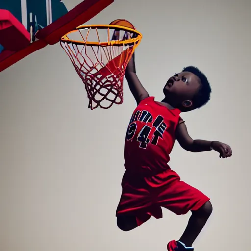 Prompt: a baby dunking a basketball, dramatic action photography, 8k