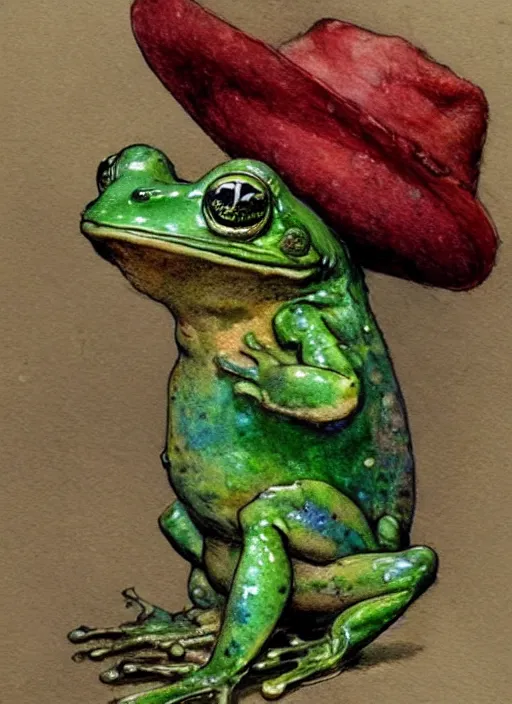 Image similar to detailed frog with a wizard hat by jean - baptiste monge and frank frazetta, post processing, painterly, book illustration watercolor granular splatter dripping paper texture, ink outlines, painterly, trending on artstation, trending on pinterest childrens art