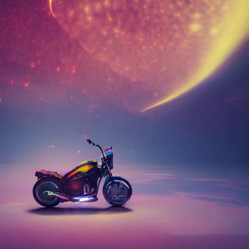 Prompt: a motorcycle floating in space inside magic colorful glowing fog, starry sky, tranquil, desolate, atmospheric, hazy, autochrome, 8k, octane render, unreal engine 5